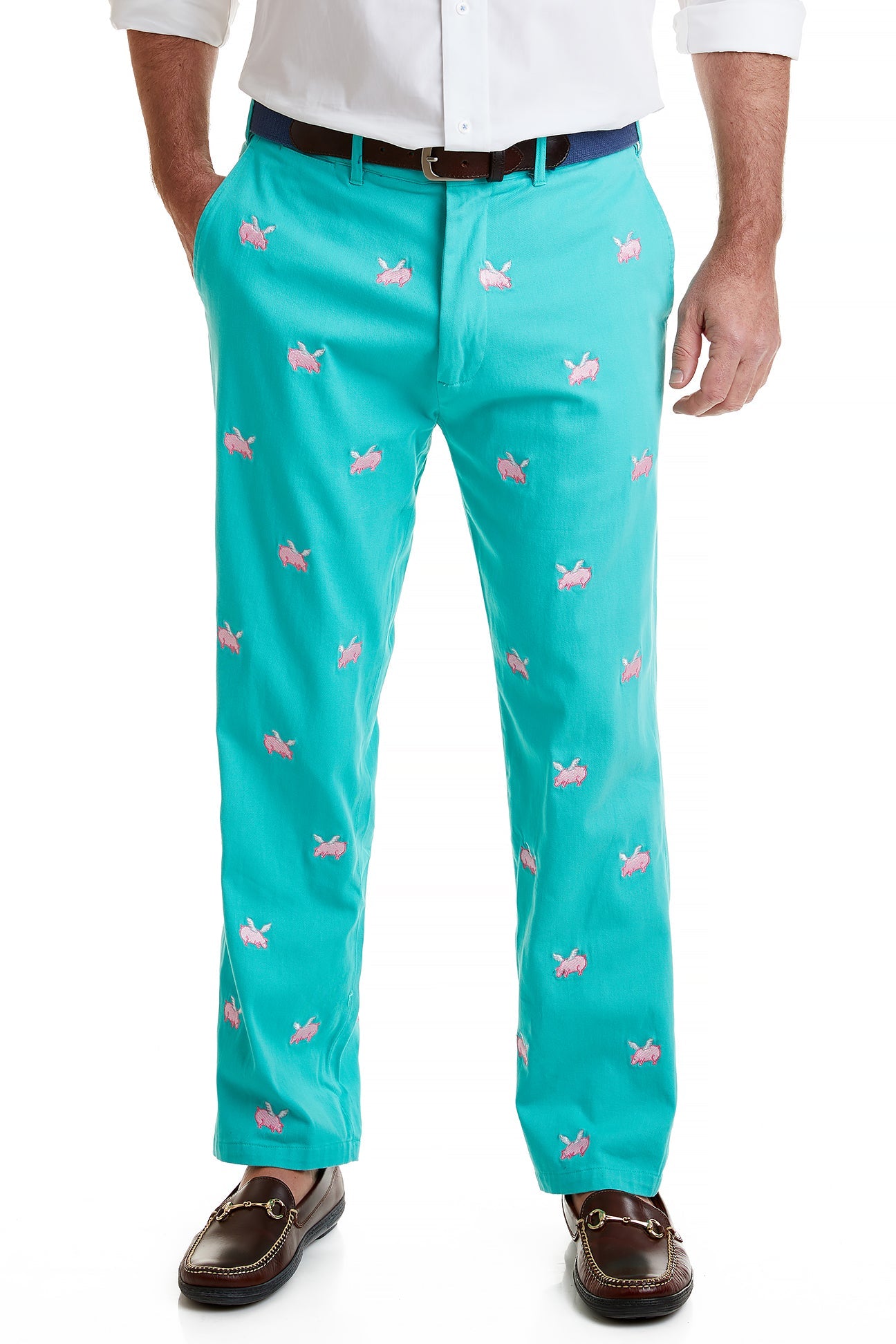 Stretch Twill Harbor Pant in Aquatic Green - Comfortable Flying Pig Design for Outdoor Adventures & Casual Wear