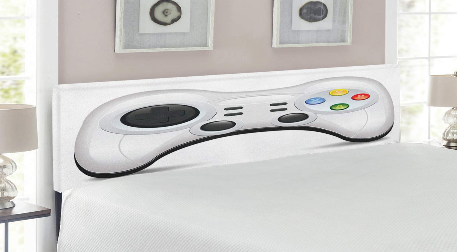 Lunarable Gamer Headboard - Modern Gamepad Design with Colorful Action Buttons, Joysticks & D-Pad - Upholstered Metal Bed Headboard with Memory Foam - King Size Pale Grey - Perfect for Gaming Rooms & Modern Bedroom Decor