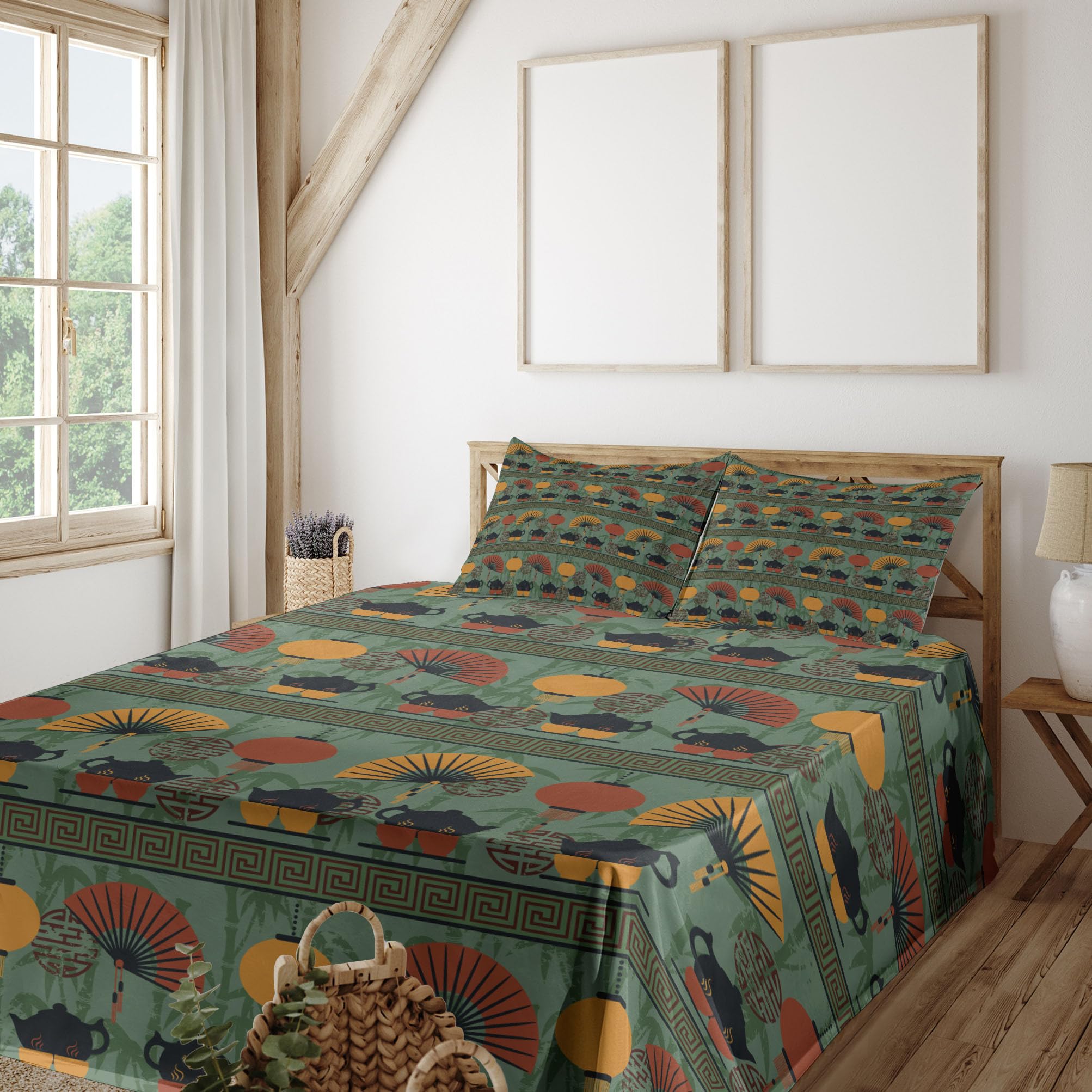 Ambesonne Tea Party 4-Piece Sheet Set - Traditional Chinese Teapots & Ornamental Branch Print King Size Bedding Set in Reseda Green & Marigold | Perfect for Asian-Themed Bedrooms, Tea Lovers & Cultural Home Decor