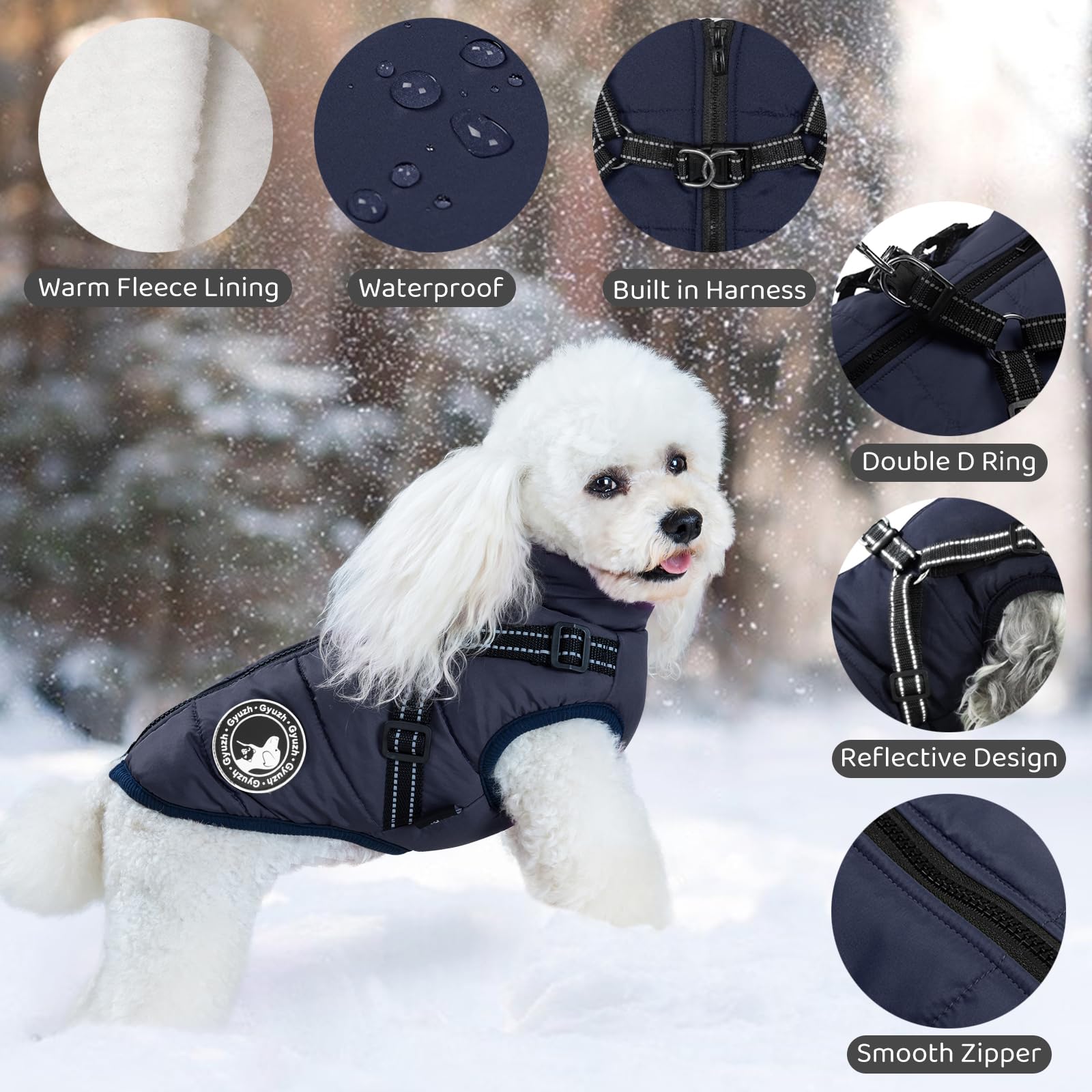 Waterproof Fleece Dog Coat with Reflective Harness - Winter Dog Jacket with Zipper for Small, Medium & Large Dogs | Warm Puppy Clothes for Outdoor Walks & Cold Weather Protection