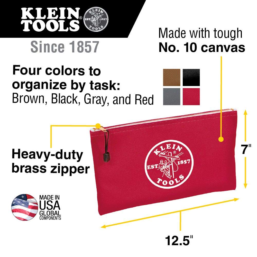 Klein Tools Canvas Zipper Bags - 4-Pack Heavy Duty Utility Tool Pouches & Bank Deposit Bags for Electricians, Contractors & Cash Handling - Durable Storage for Tools, Coins & Small Items