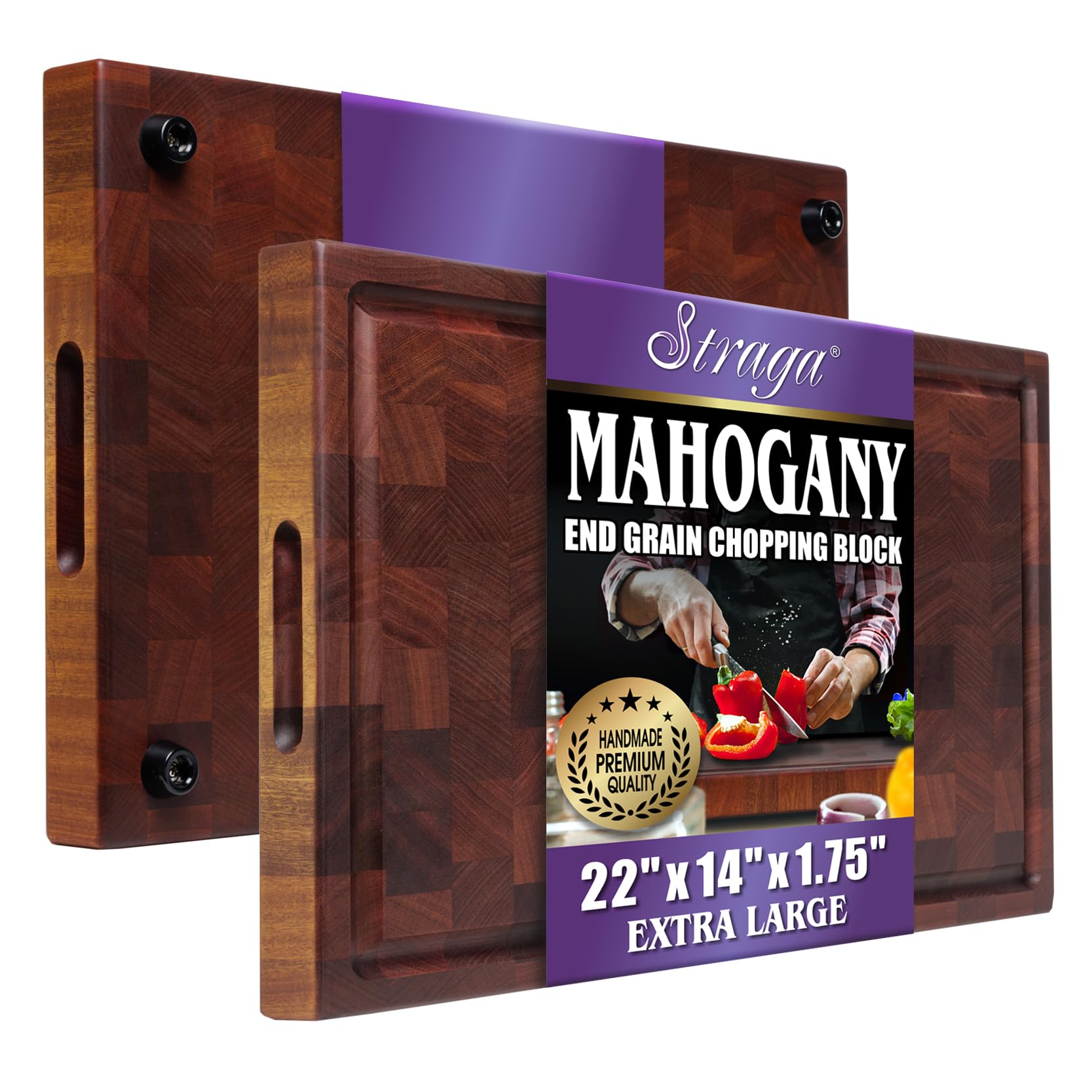Premium Handmade Reversible End Grain Mahogany Cutting Board - Heavy Duty Chopping Block with Non-Slip Feet, Juice Groove & Built-in Handles - Perfect for Meat, Cheese, Vegetables & Charcuterie - Ideal for Kitchen, BBQ, Camping & Outdoor Cooking (22