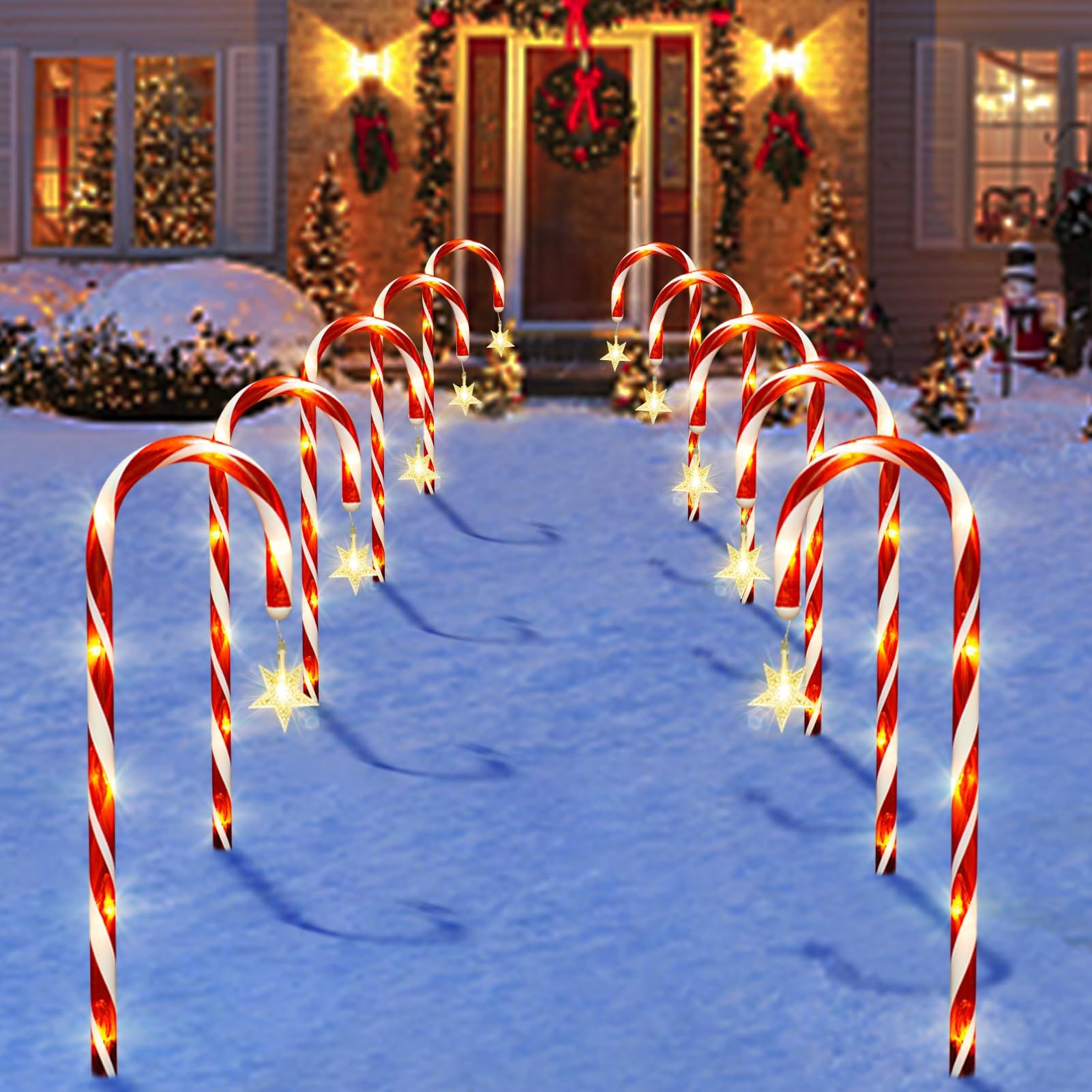 10Pcs Solar Christmas Candy Cane Lights with Hanging Star - 21