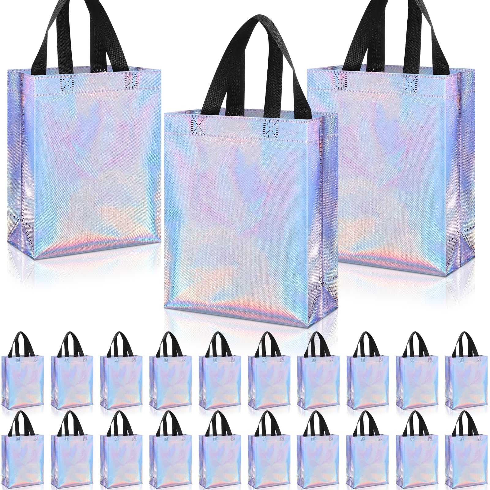 48 Pack Holographic Reusable Gift Bags with Handles - Iridescent Metallic Goodie Bags Bulk for Wedding, St. Patrick’s Day, Birthday Parties & Holiday Gifting - Durable Tote Bags for Party Favors, Bridal Showers & Special Events