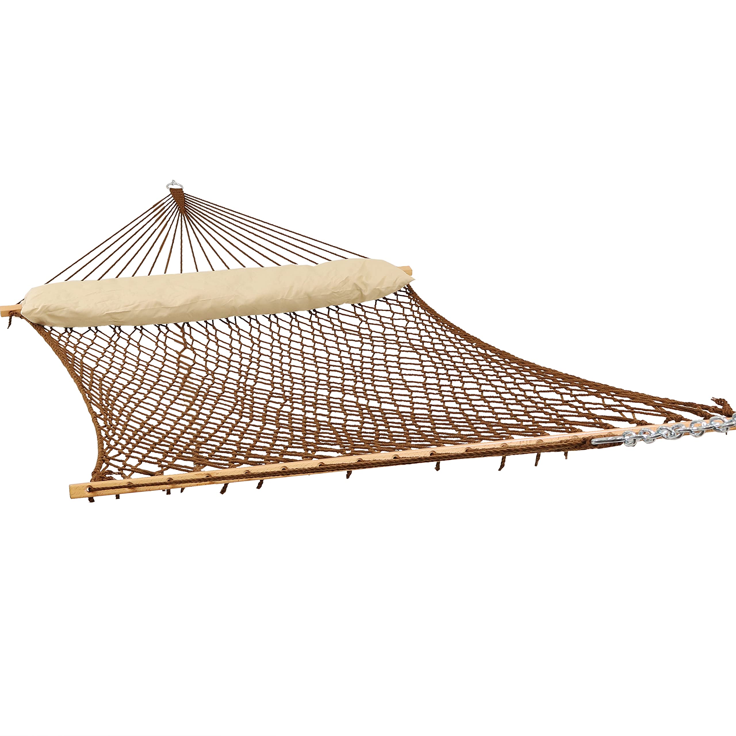 Sunnydaze Double Polyester Rope Hammock with Pillow - 400 lb Weight Capacity - Brown - Perfect for Backyard, Patio, Beach & Outdoor Relaxation