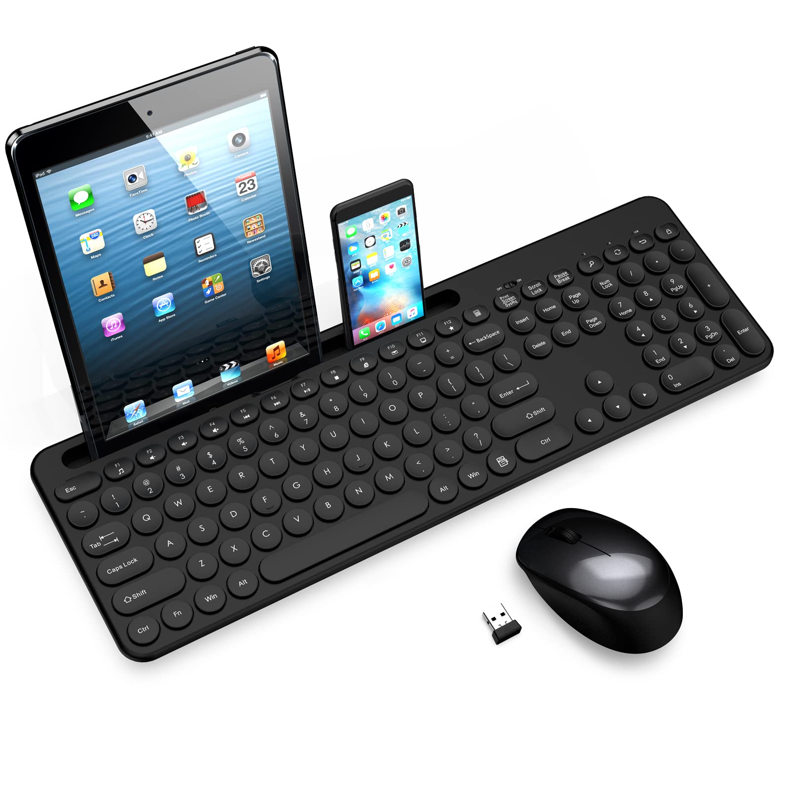 LeadsaiL Wireless Keyboard and Mouse Combo with Phone & Tablet Holder - Full-Sized Ergonomic USB Keyboard and Mouse Set for Windows PC, Laptop, Desktop - Perfect for Home Office, Gaming, and Remote Work (Black)