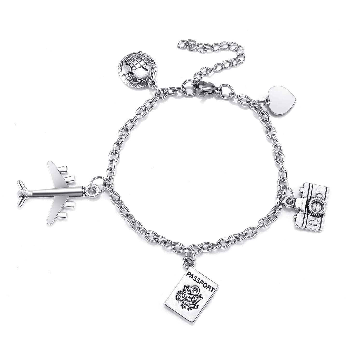 PiercingJak Travel Bracelet - Stainless Steel Link Chain with Earth Heart & Camera Charms - Inspirational Jewelry for Men & Women - Perfect for Travel, Graduation Gifts & Adventure Enthusiasts
