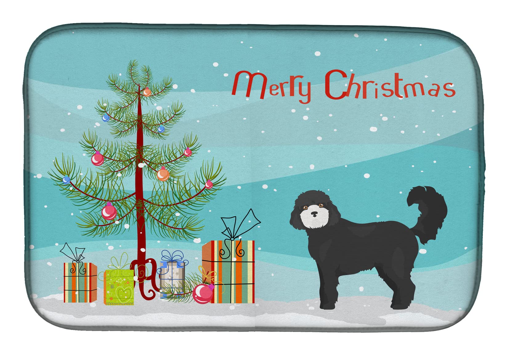 Black Cockapoo Christmas Tree Dish Drying Mat - Absorbent Kitchen Counter Pad (14