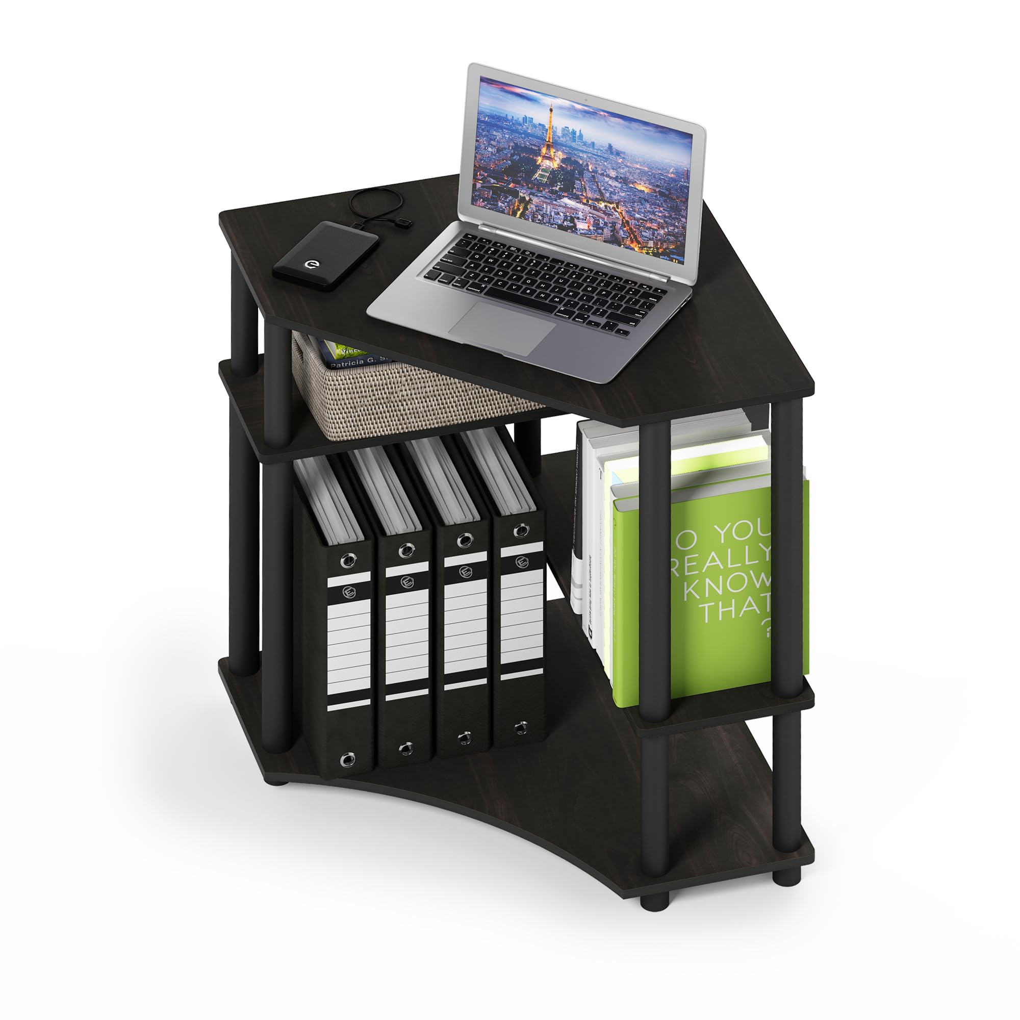 FURINNO Turn-N-Tube Compact Corner Computer Desk with Storage Shelf - Espresso/Black Finish - Perfect for Small Spaces, Home Office & Dorm Rooms
