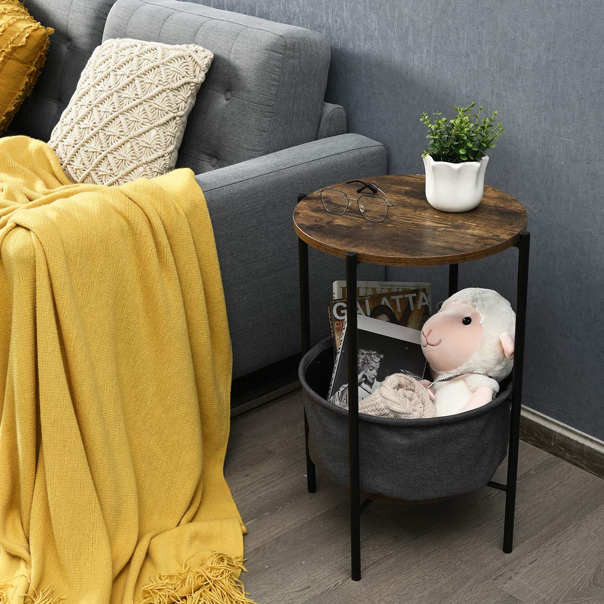 Giantex 2-Pack Round Side Table with Fabric Basket, Metal Frame & Wood Top - Multi-Functional Small Sofa Table for Living Room, Dorm, Bedroom - Grey | Perfect for Holding Books, Drinks, and Decor in Compact Spaces