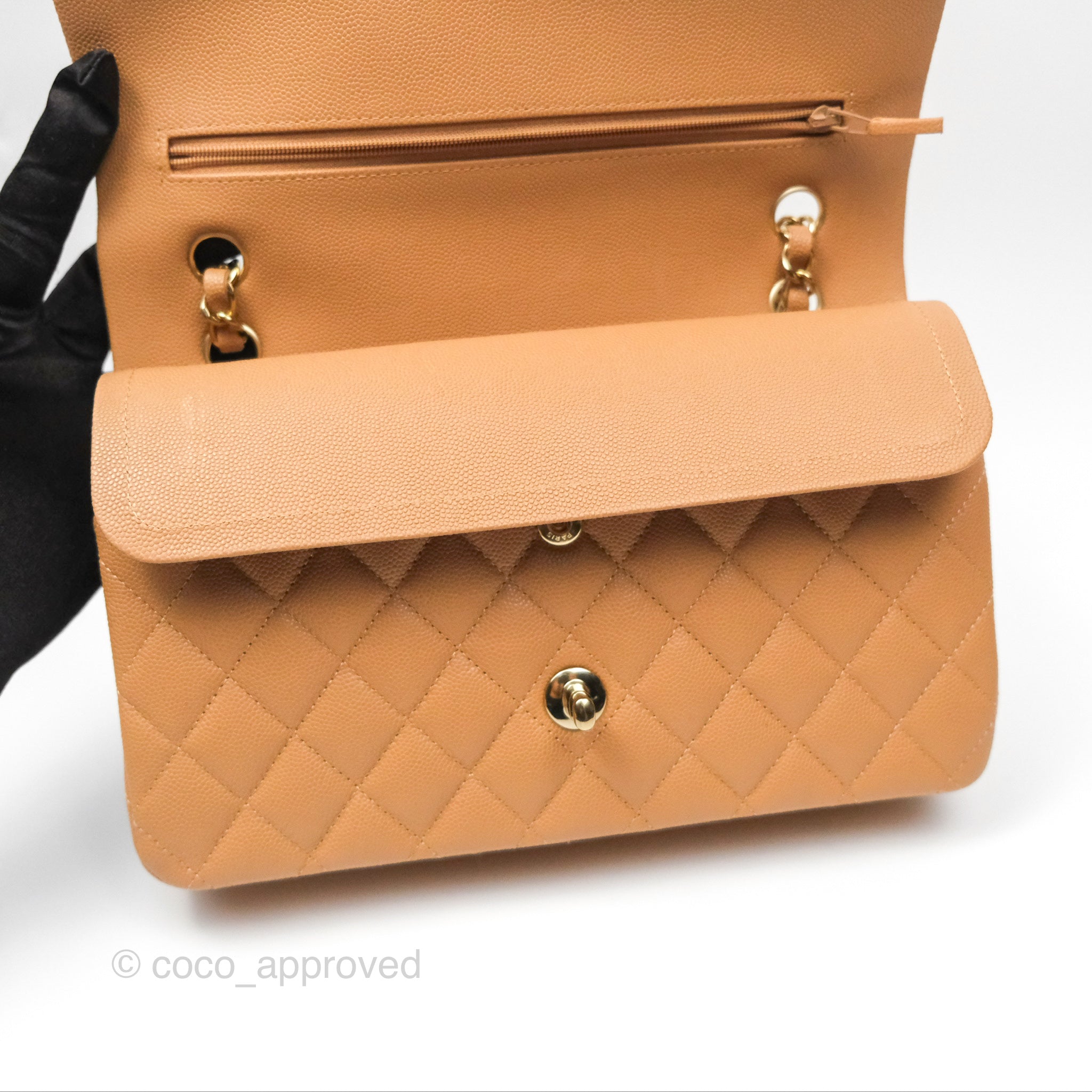 Chanel Classic Medium Double Flap Bag Quilted Beige Caviar Leather with Gold Hardware - Perfect for Work, Evening Events & Luxury Fashion Collection