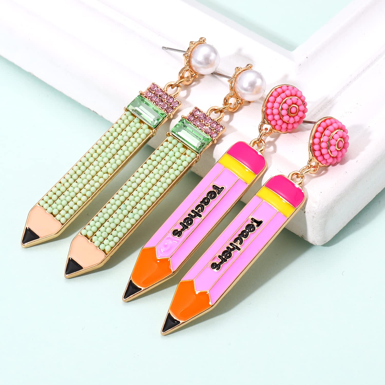 2 Pairs Hypoallergenic Pencil Earrings for Women - Beaded Pearl Teacher Dangle Earrings & Cute Student Stud Drop Earrings - Perfect for Teacher Appreciation Day, Back to School Jewelry Gifts - Great for Classroom, Graduation and School Events