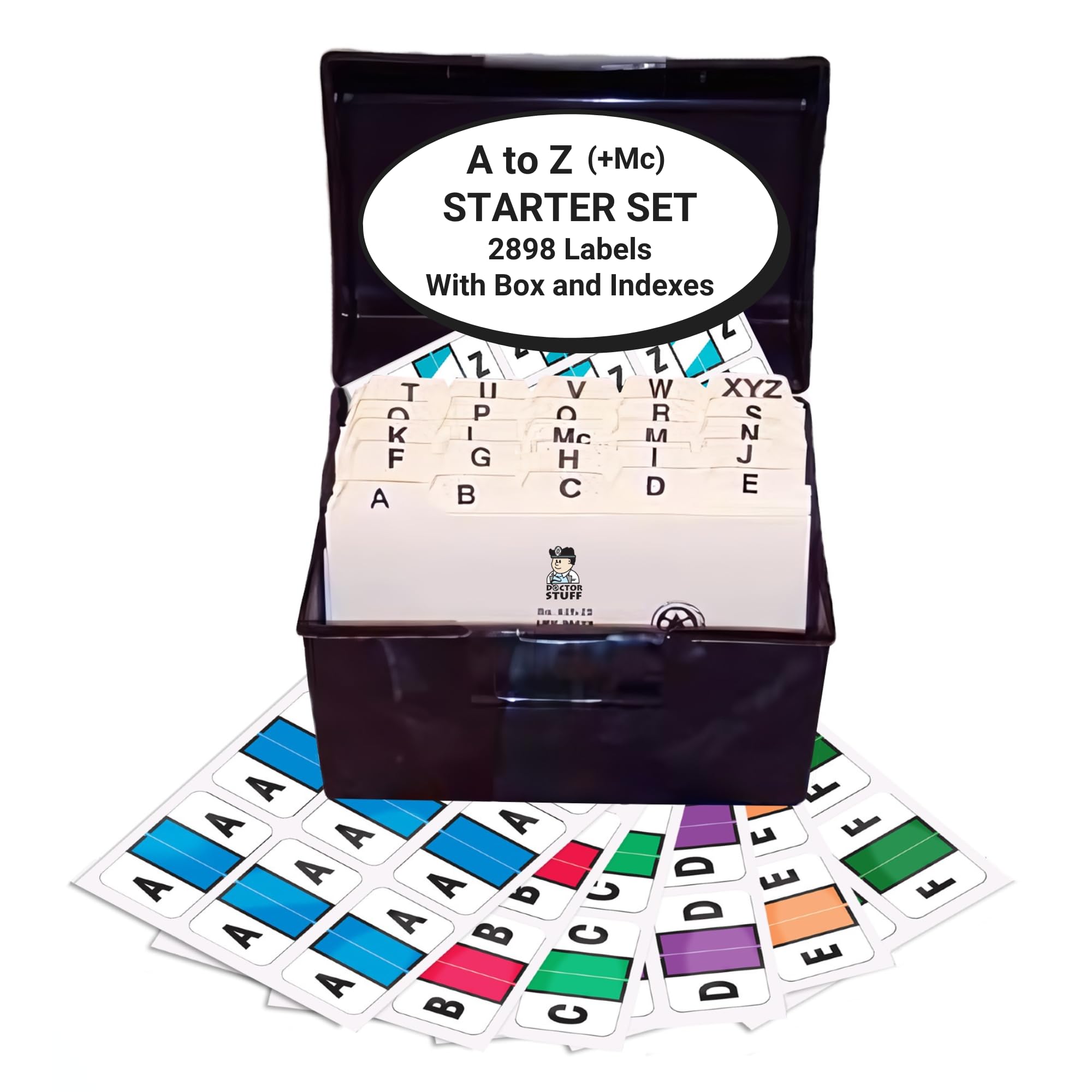 Alphabet Labels for File Folders - A to Z & Mc Desk Set with File Box & Indexes (2898 Labels) | CFPK Series Compatible Alpha Stickers | Medical Chart Color Coding System | Perfect for Doctors Offices, Hospitals & Medical Records Organization