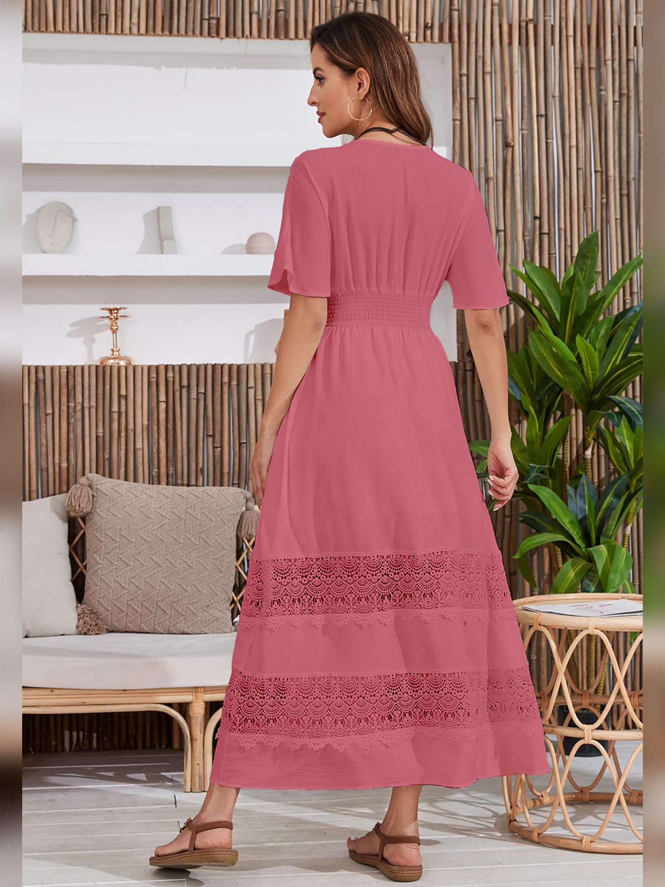 Boho Maxi Dress for Women 2025 - Summer V Neck Lace Wedding Guest Dress with Smocked Waist | Bohemian Long Flowy Dresses for Beach, Party & Special Occasions