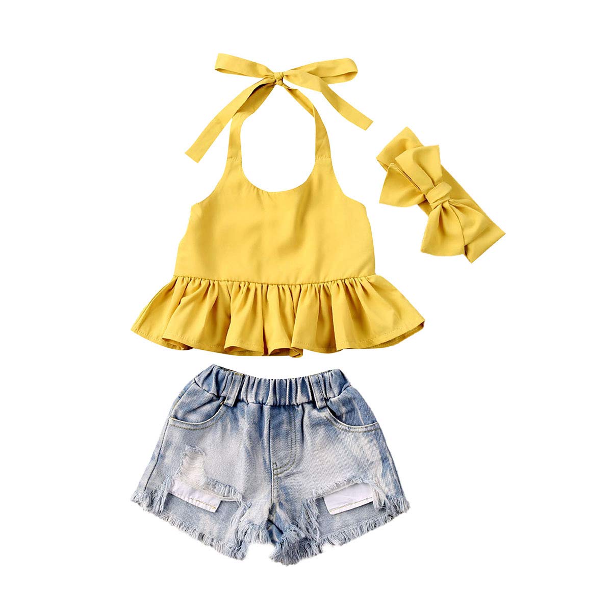 Adorable Toddler Baby Girl Summer Outfits - Sleeveless Ruffle Tops & Ripped Denim Shorts Set with Headband | Cute Playtime & Beach Vacation Outfits