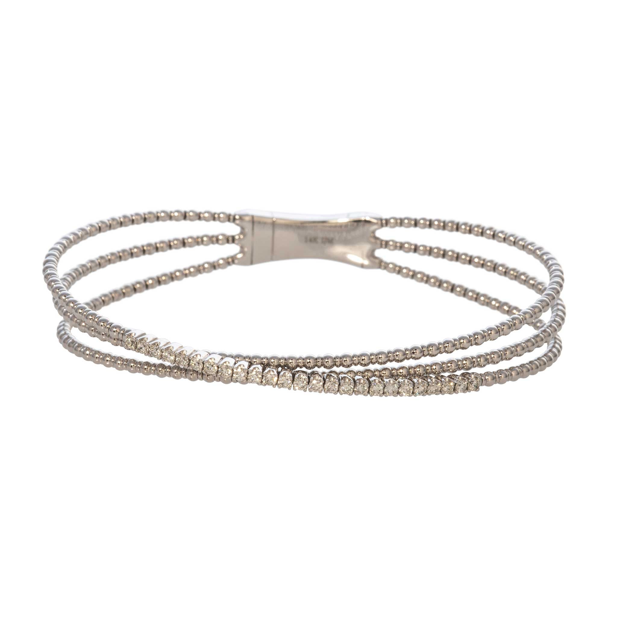 14K White Gold Diamond Crossover Beaded Flexible Triple Bangle Stackable Bracelet for Women - Perfect for Weddings, Parties & Everyday Elegance