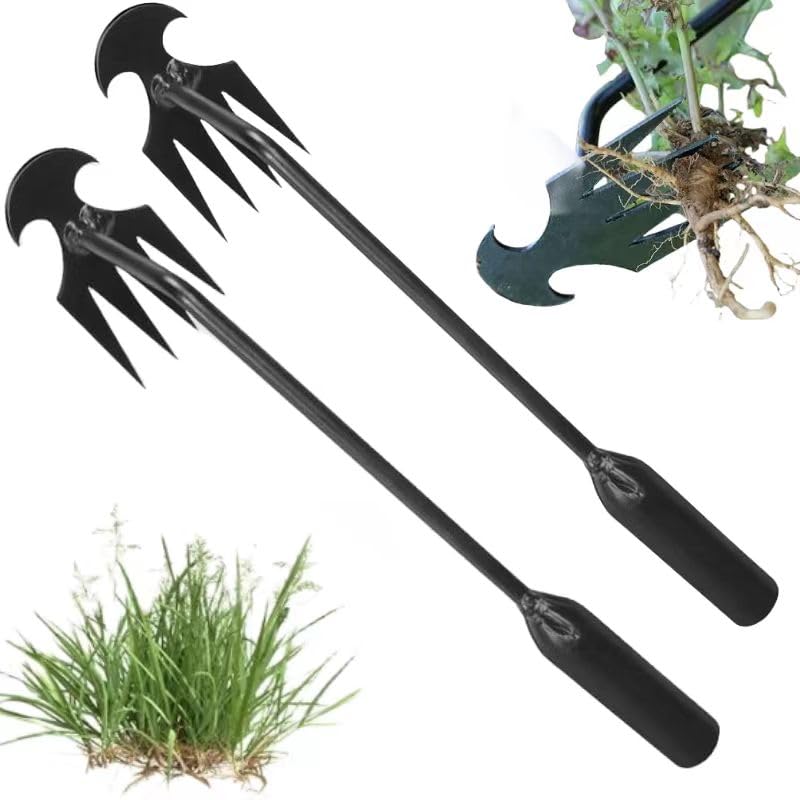 **4-Toothed Manual Weed Puller Tool - Dual Purpose Garden Weeder for Easy Uprooting & Removal - 2PCS 12IN Multifunctional Weeding Tool (Perfect for Lawns, Flower Beds & Vegetable Gardens)**