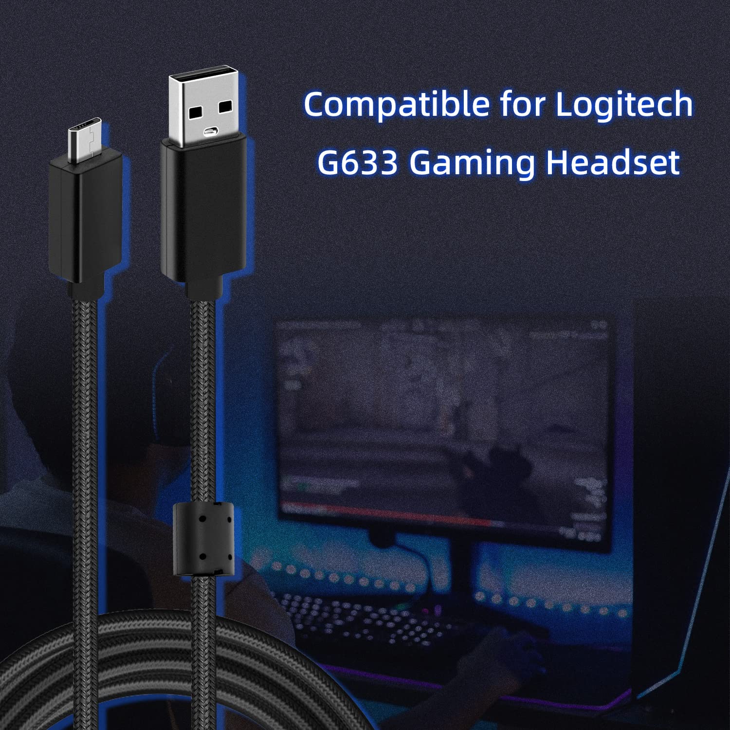 Mcbazel Replacement Micro USB to USB Charging Cable for Logitech G633 G633s G635 G533 G933 G933S Gaming Headsets & PS4 Controller - 6.6FT/2M Durable Audio Cable - Perfect for Gaming, Streaming & Charging
