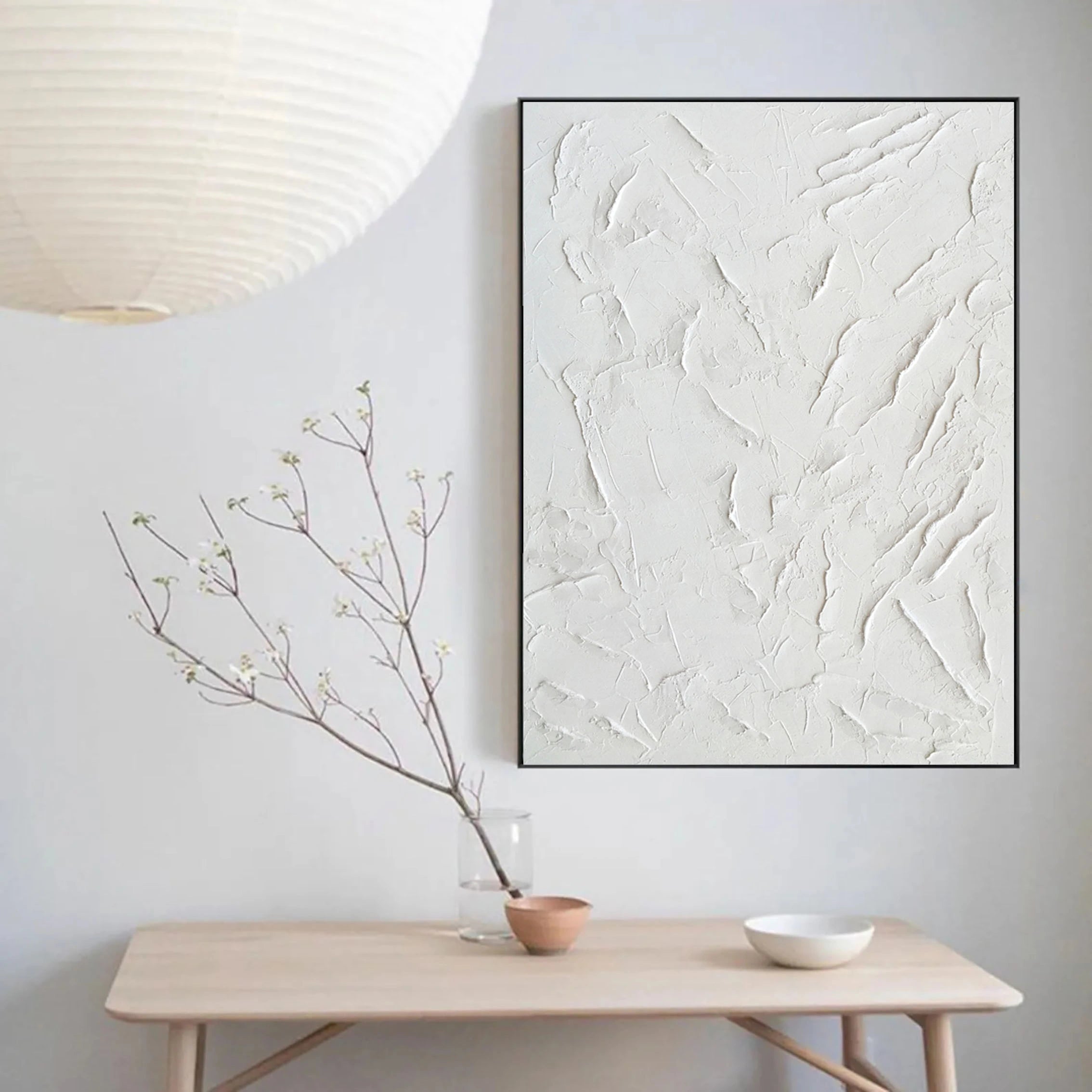White Minimalist Textured Painting Canvas Wall Art #MM004 - Vertical Modern Abstract Artwork for Living Room, Bedroom & Office Decor