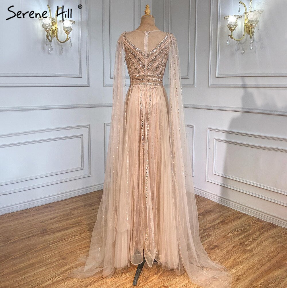 Serene Hill Gold Cape Sleeves A-Line Evening Dress Gown 2025 Luxury Beaded Formal Gown for Women - Perfect for Prom, Gala, Wedding & Black Tie Events