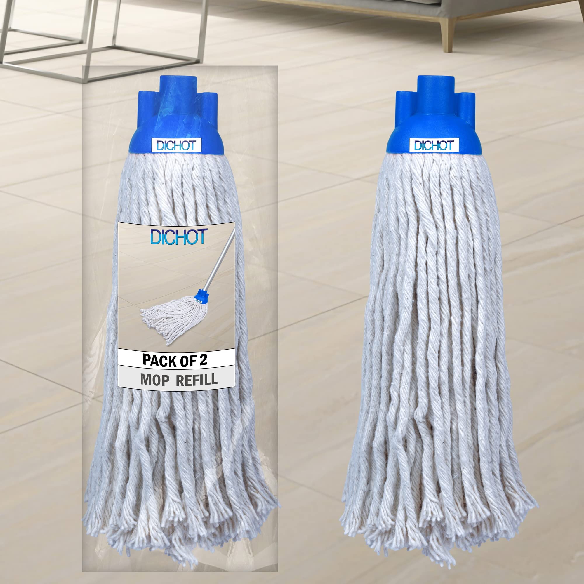 DICHOT Round Mop Cotton Refill - 2 Pack Replaceable Mop Heads (Blue, 250g Each) for Floor Cleaning - Perfect for Hardwood, Tile & Laminate Floors