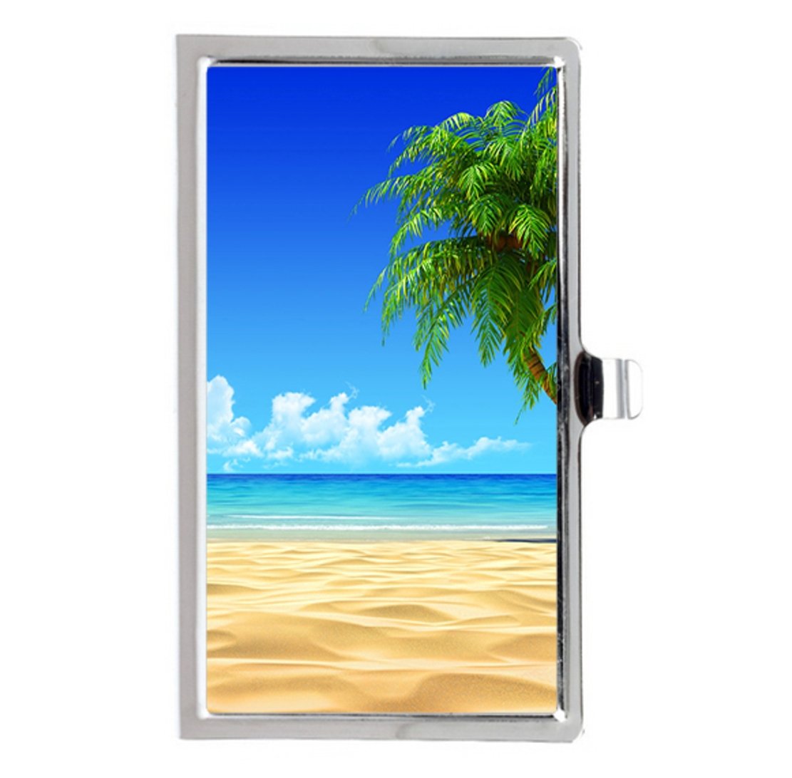 Perezoom Aluminum Business Card Holder - Tropical Beach Coconut Tree Design - Durable & Unique Card Case for Office, Travel, and Professional Networking