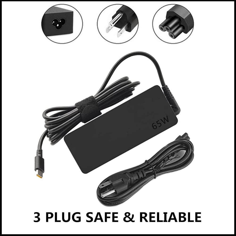 65W USB-C Laptop Charger for Lenovo Yoga Chromebook, ThinkPad T480, X1 Carbon - Fast Charging Power Adapter with CA Power Cord | Perfect for Home, Office & Travel Use