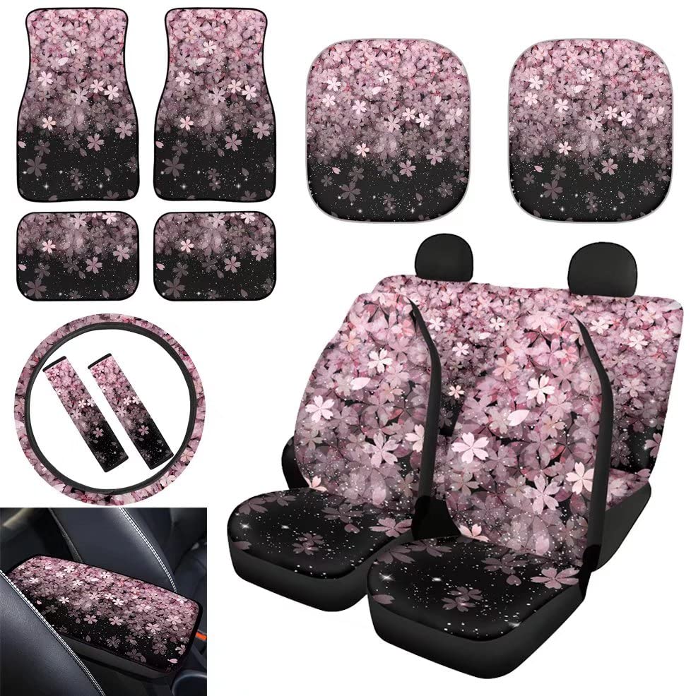 Youngerbaby Pink Cherry Blossom Universal Car Accessories Set - Front & Back Seat Covers, Steering Wheel Cover, Seatbelt Pads, Armrest Cover, Car Floor Mats & Windshield Sunshade | Perfect for Sedans, SUVs & Minivans | Stylish & Comfortable Interior Upgrade