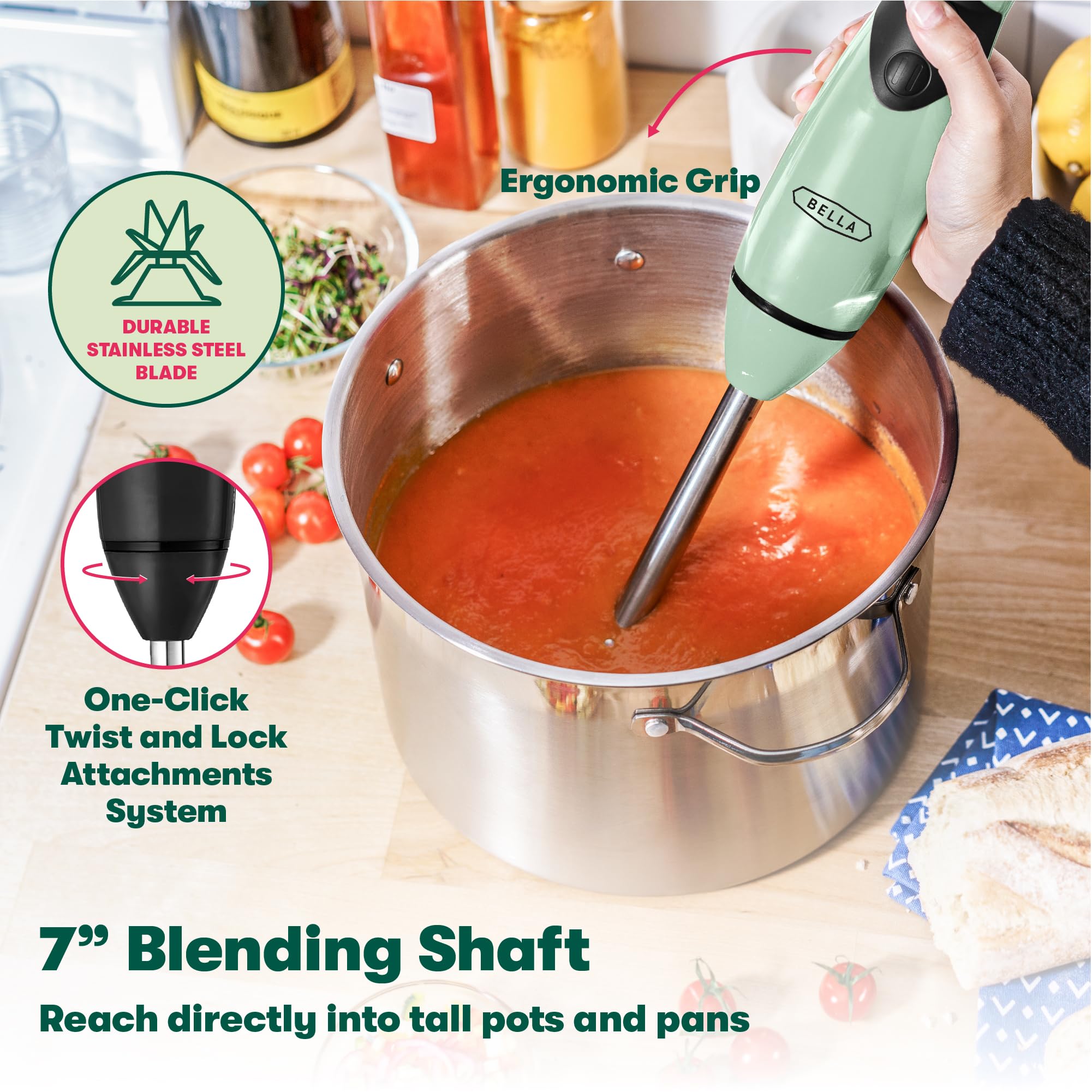 Bella Immersion Blender Hand Mixer - 250W 2-Speed Electric Handheld Blender with Whisk Attachment for Juicing, Smoothies, Baby Food & Protein Shakes | BPA-Free Stainless Steel Design | Perfect for Kitchen, Camping & Small Spaces
