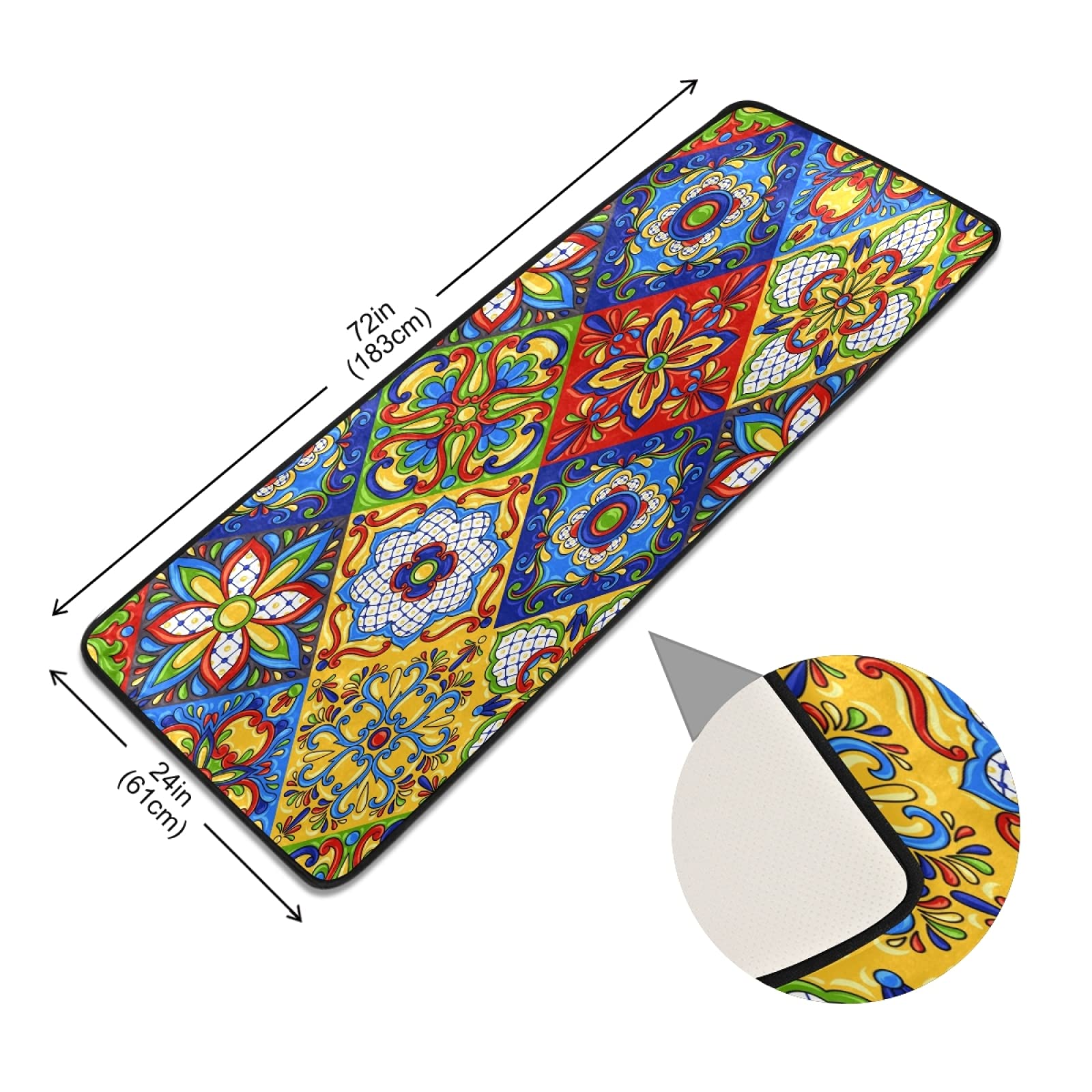 Authentic Mexican Talavera Ceramic Tile Pattern Runner Rug - Anti-Fatigue Comfort Floor Mat for Kitchen, Bedroom, Living Room, Bathroom & Hallways - 72x24 Inch Non-Slip Entryway Rug - Perfect for Southwestern & Boho Home Decor