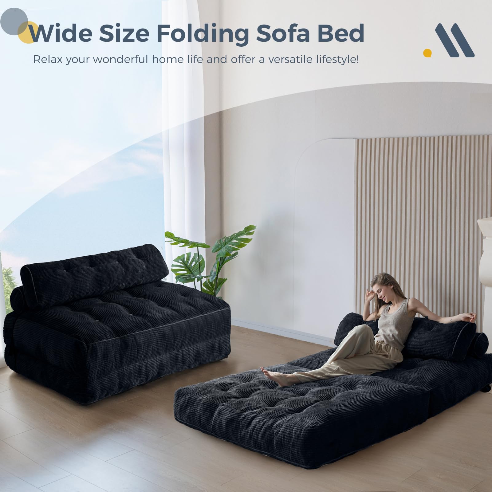 MAXYOYO Corduroy Folding Sofa Bed - Convertible Sleeper Chair with Pillow & Foldable Mattress - Double Size with Back Support (Black) - Perfect for Small Spaces, Guest Rooms & Studio Apartments