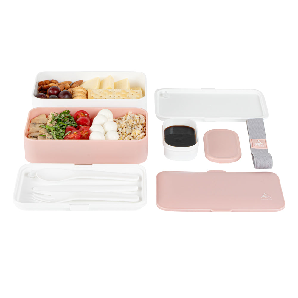 Bento Tek 41 oz Pink and White Buddha Lunch Box with Utensils & Sauce Cup | All-in-One Meal Prep Container | 7.25