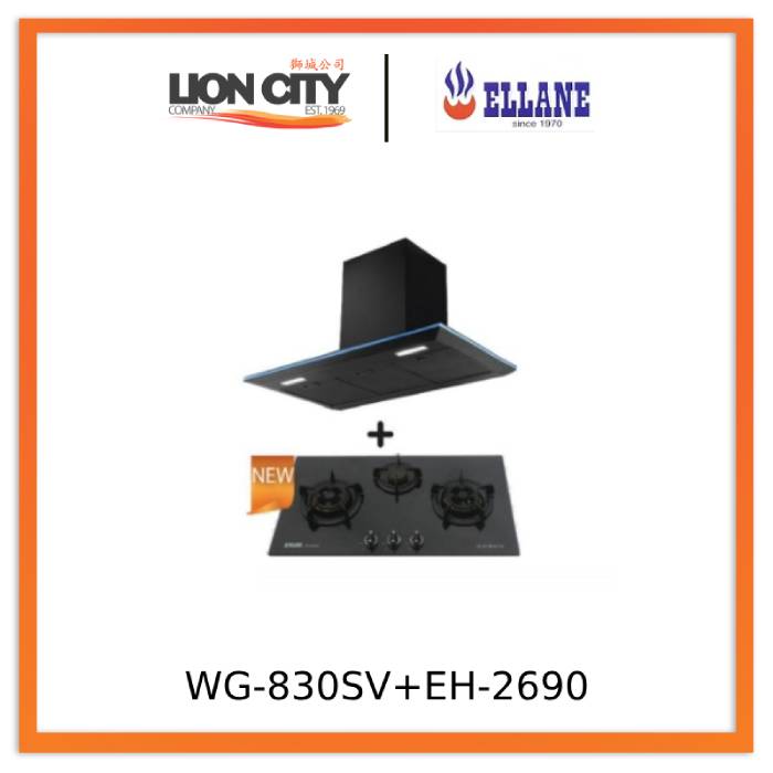 Ellane EH 2690 90cm Black Stainless Steel Designer Chimney Range Hood + Ellane WG 830SV 87cm 3 Burner Tempered Glass Gas Cooktop with Safety Features - Modern Kitchen Ventilation & Cooking Solution for Home Chefs