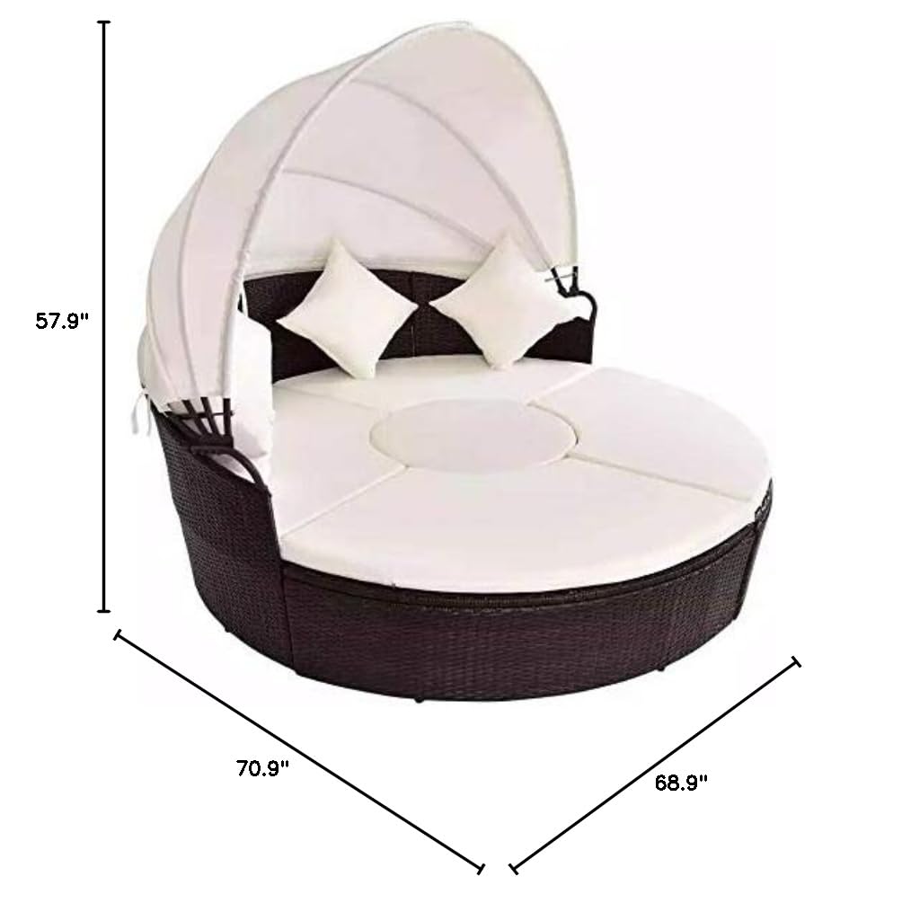 AlphaBaby Outdoor White Rattan Patio Sofa with Retractable Canopy - Round Daybed for Poolside, Garden, and Patio Relaxation