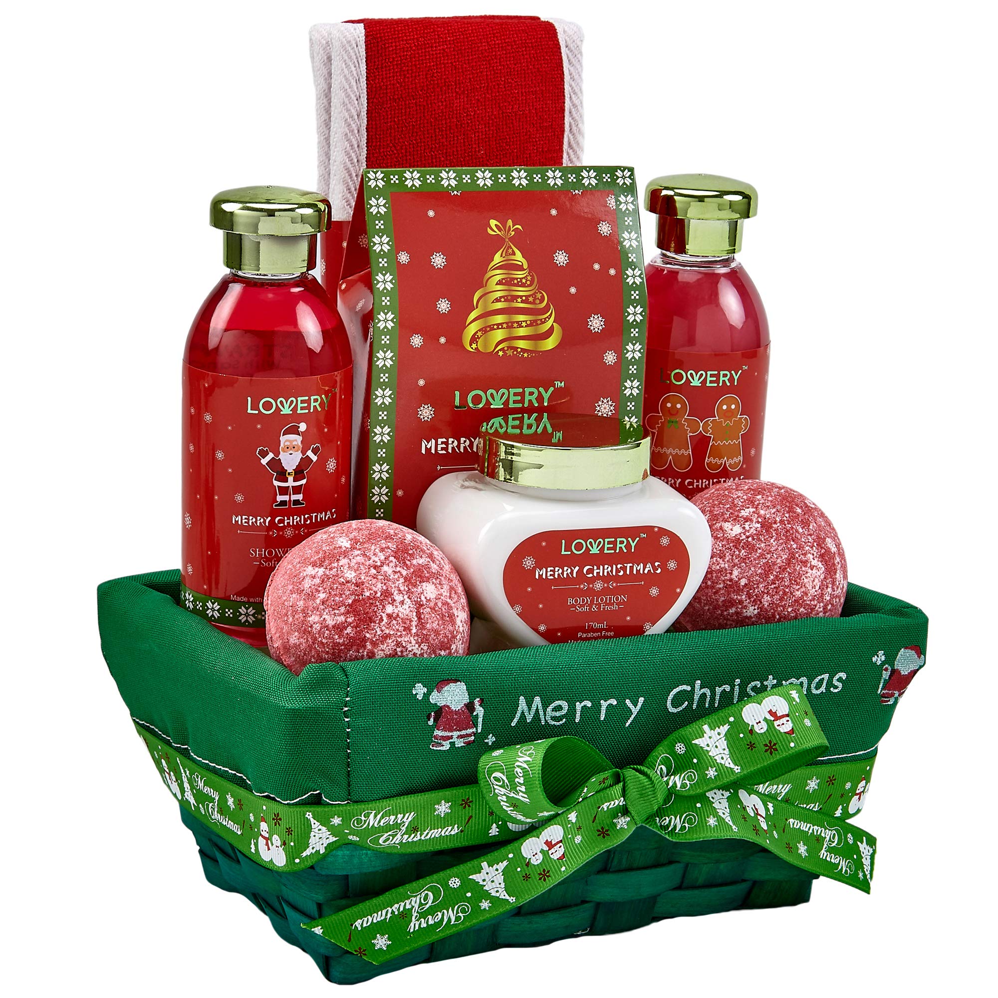 Luxury Christmas Bath & Body Gift Basket for Women - Strawberry & Sandalwood Scented Holiday Spa Set with Body Lotion, Bath Bombs, Bath Salts & Woven Basket | Perfect Holiday Gift for Her, Birthday Present, Relaxing Home Spa Night