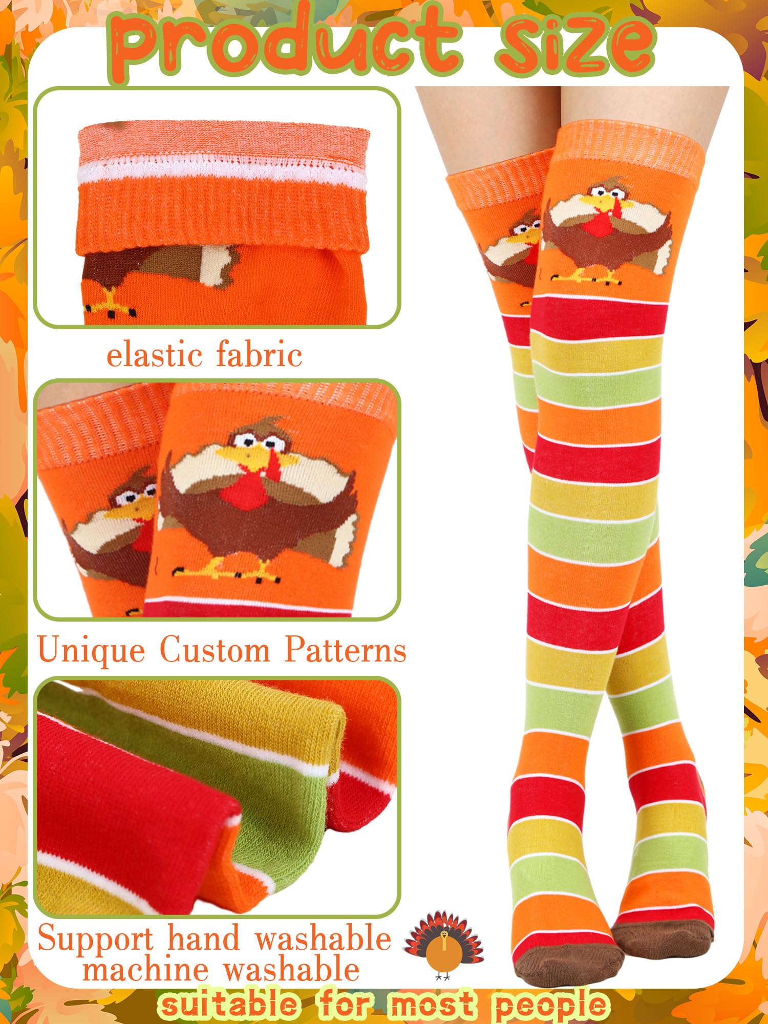 Liitrsh 4 Pairs Turkey Themed Over The Knee Socks - Fall Thanksgiving Striped Fuzzy Stockings for Women - Perfect for Running, Gifts & Holiday Outfits