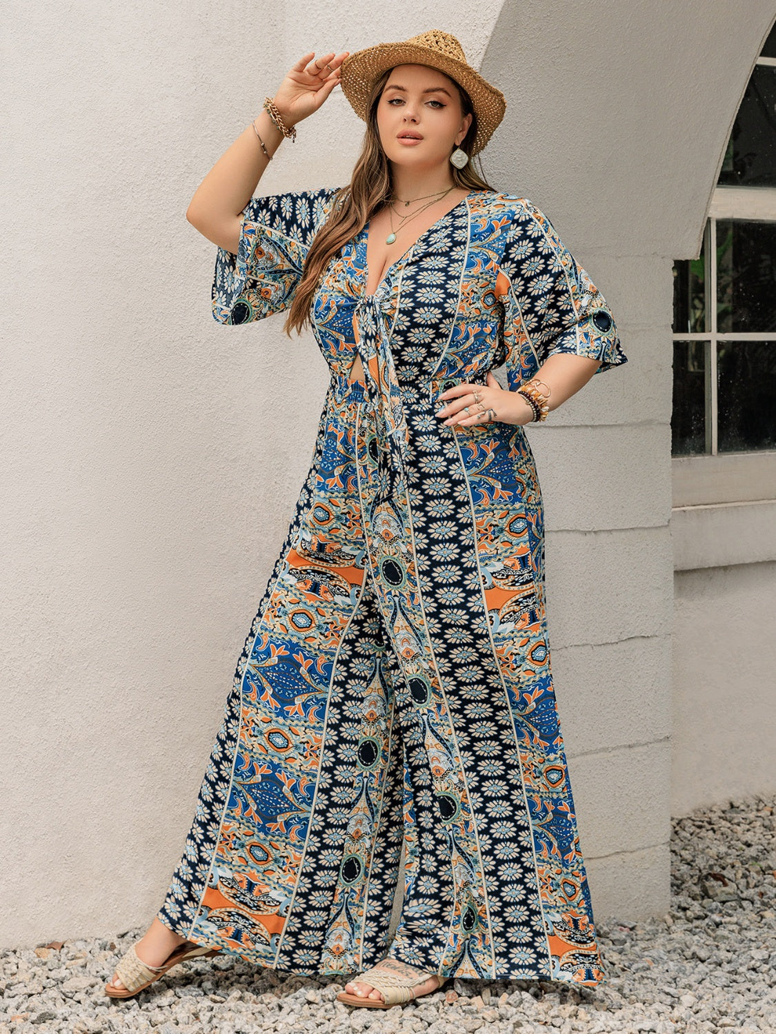**Plus Size Printed Half Sleeve Wide Leg Jumpsuit for Women – Stylish & Comfortable Romper for Casual Outings, Vacations & Summer Wear**