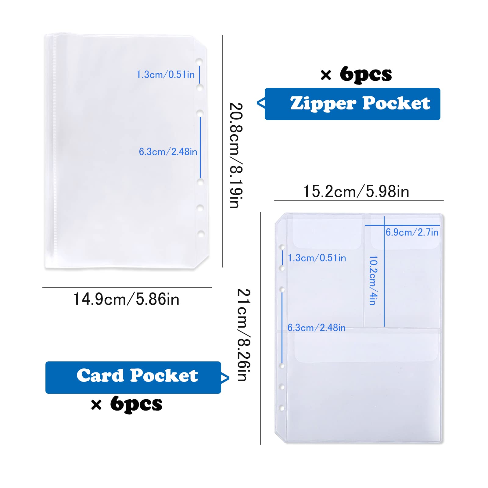 12PCS A5 Size Zipper Binder Pockets - Clear 6-Hole Waterproof PVC Loose Leaf Folders with Lid for Home, Office & School Supplies - Perfect for Organizing Documents, Notes and Stationery