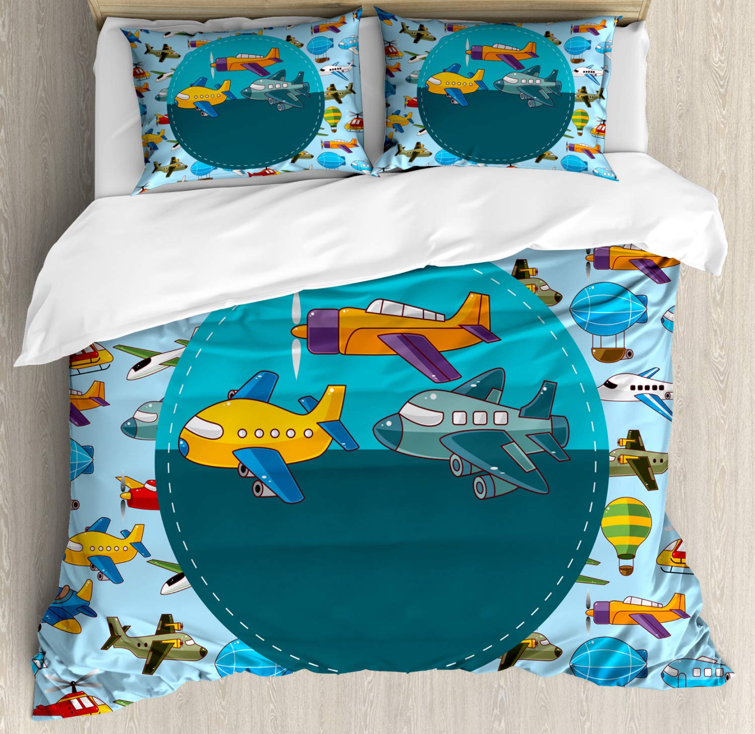 Ambesonne Retro Cartoon Airplanes & Balloons Duvet Cover Set - Colorful 3 Piece Queen Size Bedding with 2 Pillow Shams for Boys Room Decor | Kids Bedroom, Teen Room & Dorm Room Essentials