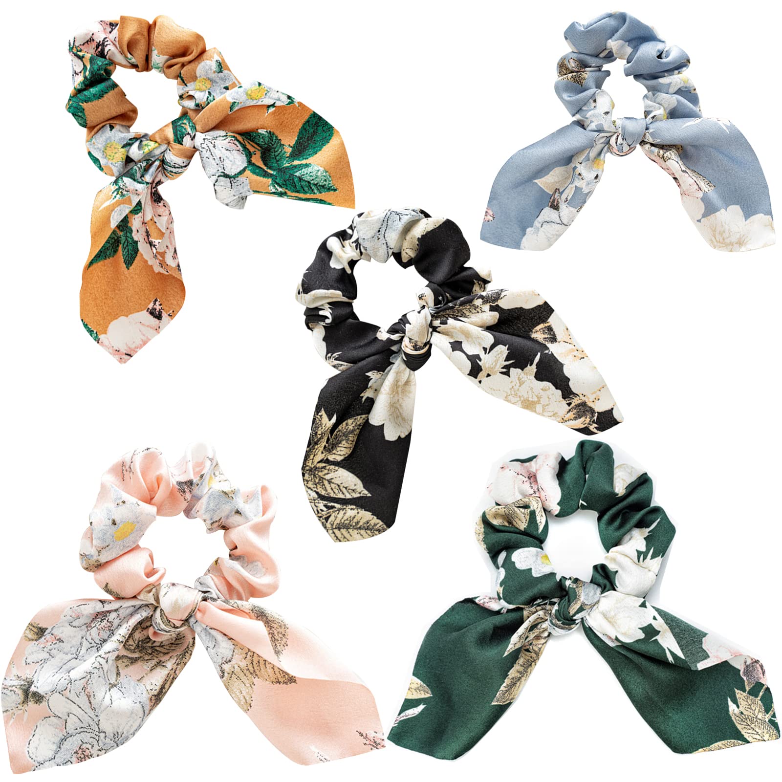 5PCS Floral Print Hair Scarf Scrunchies with Chiffon Ribbon - Soft Ponytail Holders & Hair Ties for Women | Perfect for Work, Gym, and Everyday Styling