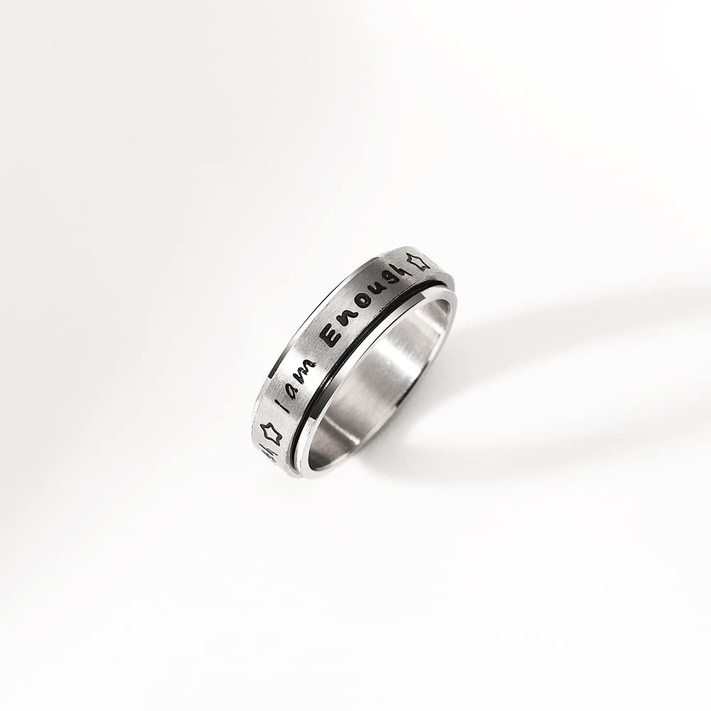 Stainless Steel Spinner Ring for Women & Men - Anxiety Relief Fidget Ring, Stress Relieving Therapy Jewelry, 'I Am Enough' Inspirational Promise Ring (Size 5-10) - Perfect for ADHD, Anxiety & Focus at Work or School