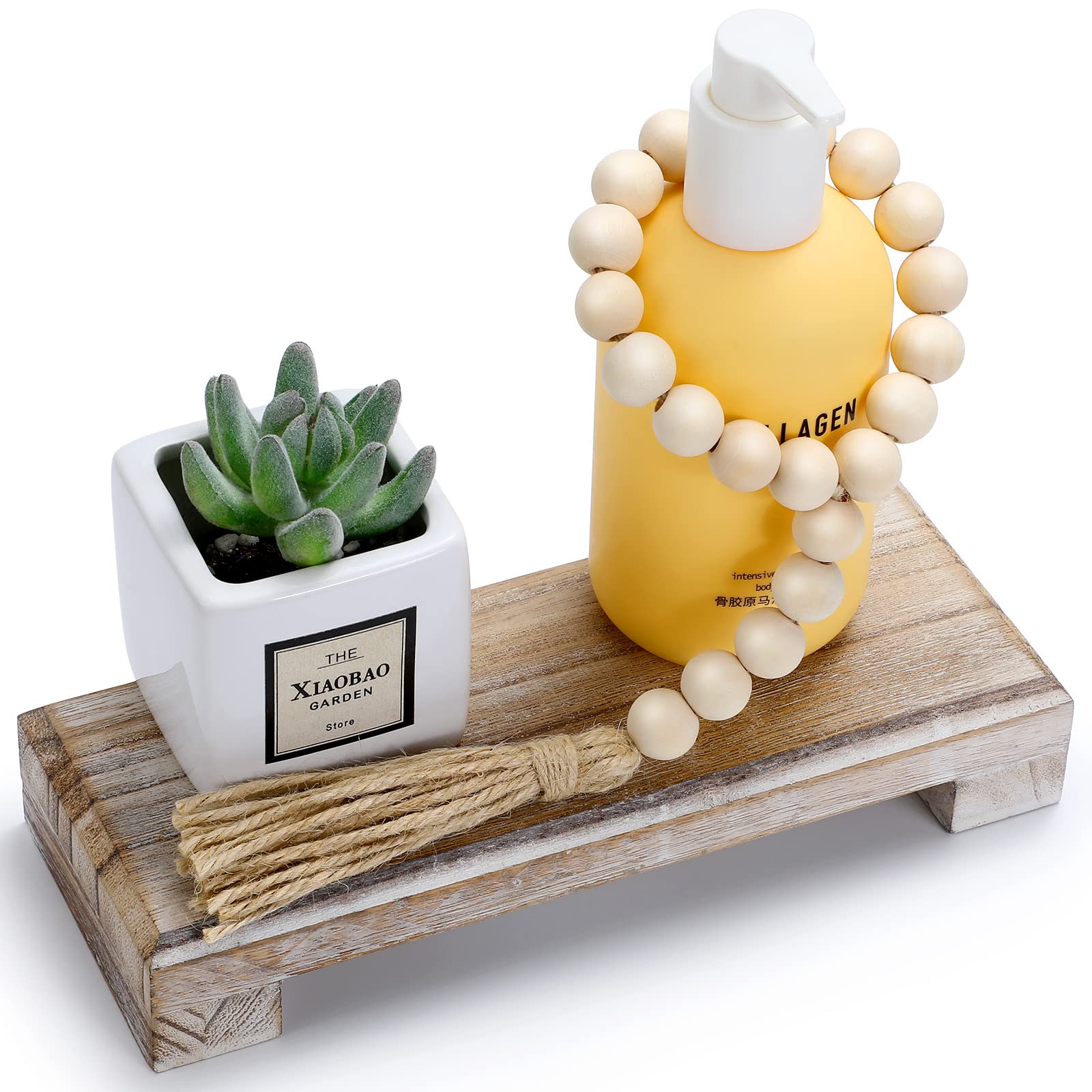 Kathfly 2-Pack Wooden Soap Holder Stand with Wood Bead Garland - Rustic Soap Tray for Kitchen Sink, Bathroom Countertop - Perfect for Organizing Bottles, Plants, Candles, Guest Towels & Jewelry Decor | Farmhouse & Boho Home Decor Accessories