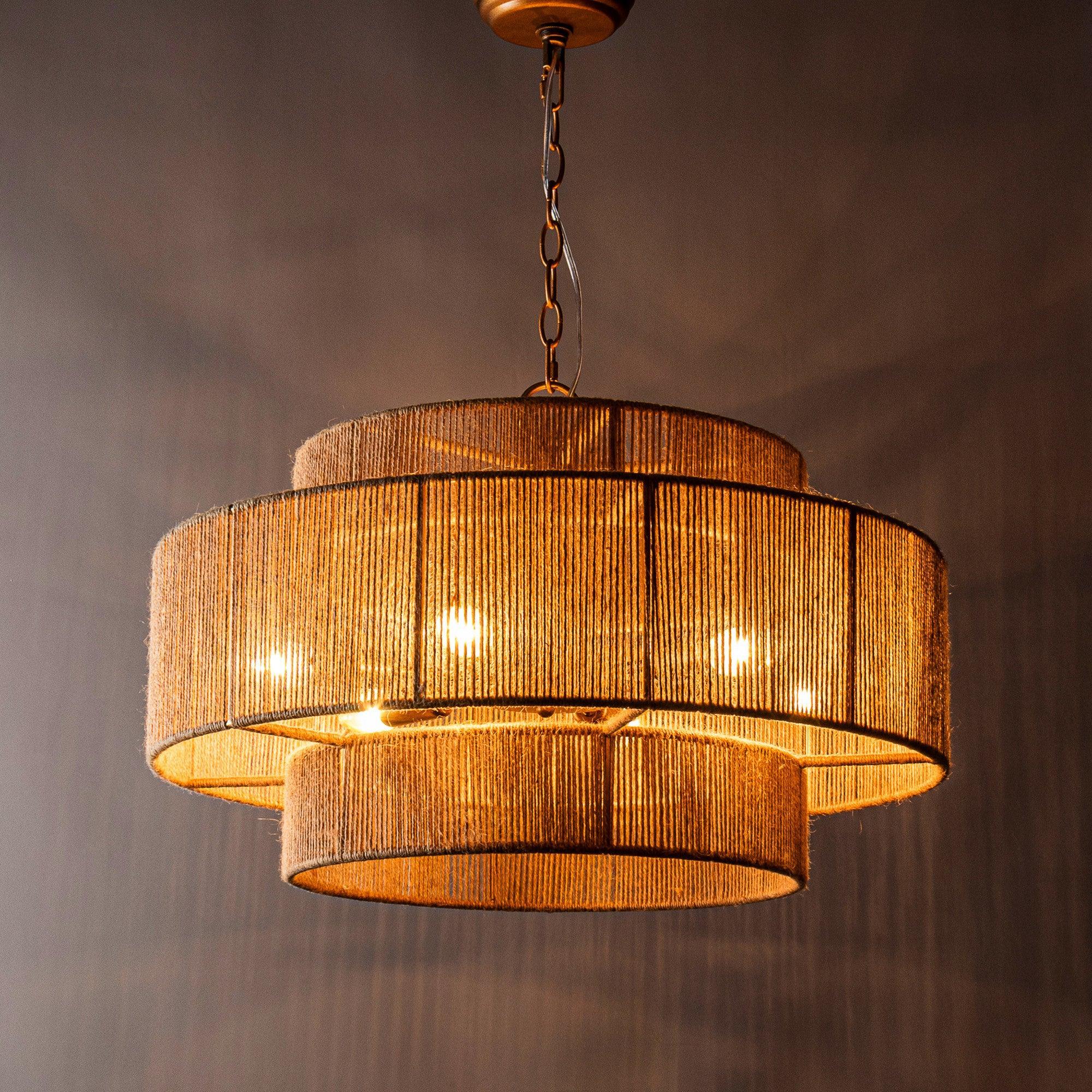 Bohemian Antique Gold 6-Light Drum Chandelier with Natural Rope Shade - Rustic Ceiling Light Fixture for Dining Room, Living Room & Bedroom