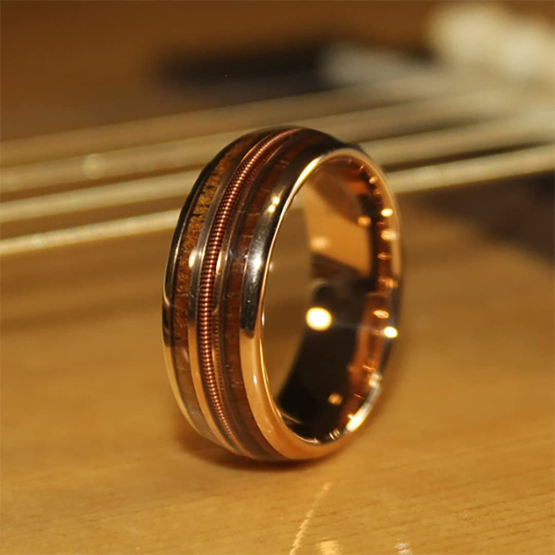 Men's Hawaiian Koa Rose Gold Tungsten Guitar String Wedding Ring - 8mm Comfort Fit Band for Guitarists & Musicians | Perfect for Weddings, Anniversaries & Music Performances