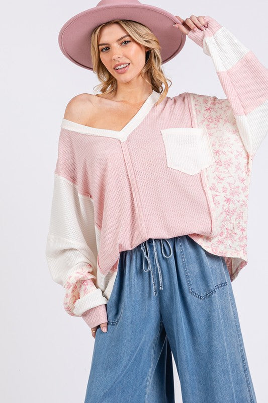 Boho Floral Waffle Knit Top for Women - Long Sleeve V-Neck Loose Beach Tunic - Perfect for Summer Vacations, Music Festivals & Casual Boho Outfits