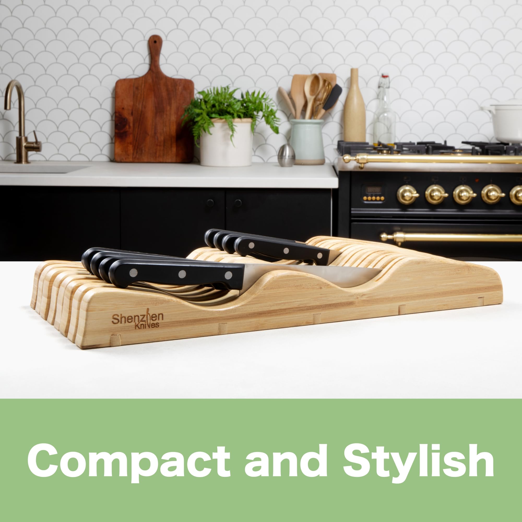 Large Bamboo Knife Block - 15 Slot Drawer Organizer for Kitchen Knives Storage