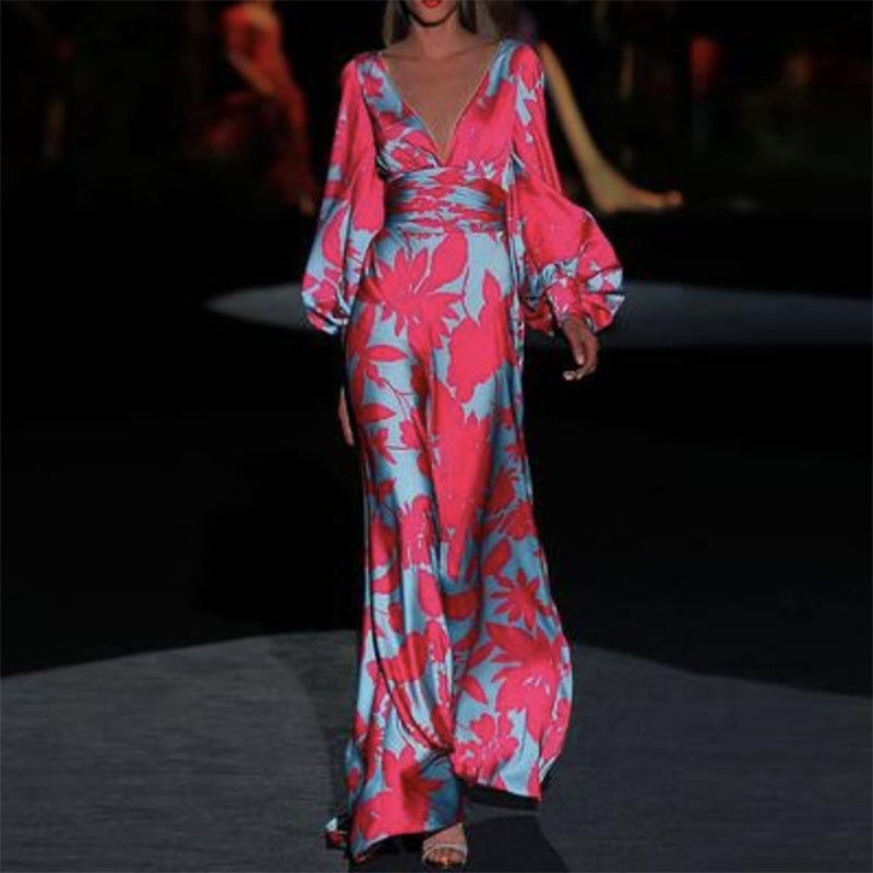 2025 Women's Slim Fit Printed V-Neck Dress with Lantern Sleeves - Fashionable Floral Summer Dress for Casual Wear, Party & Date Night