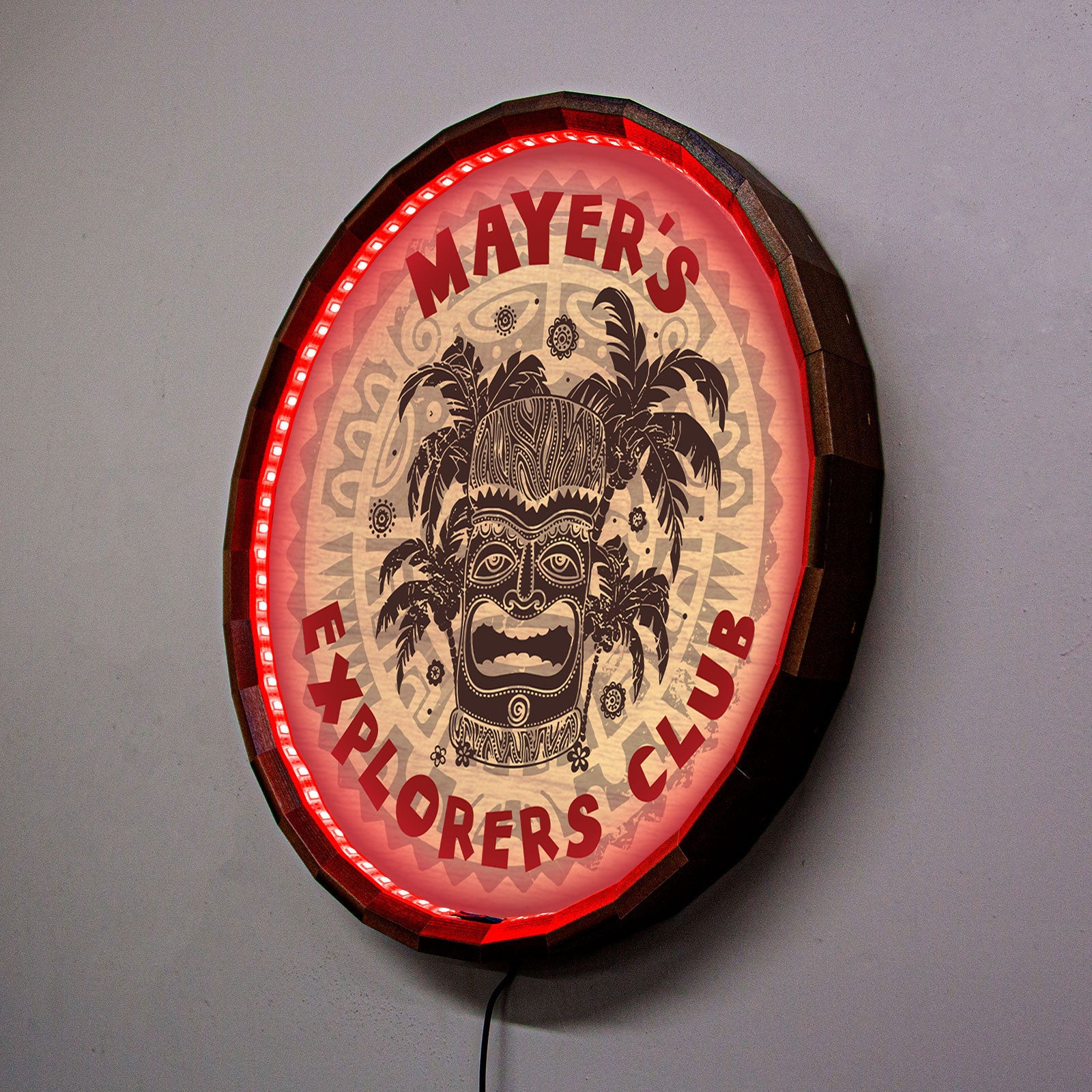 Custom LED Wood Barrel Top Sign for Tiki Bar - Personalized Neon Pub Decor for Home Bars, Restaurants & Outdoor Parties