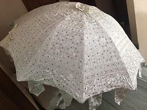 Handmade Bohemian Sun Umbrella with Indian Mirror Work Embroidery - Cotton Boho Wedding Parasol, Hippie Gypsy Decor for Beach, Garden & Outdoor Events (White) - Perfect for Weddings, Picnics and Poolside Relaxation