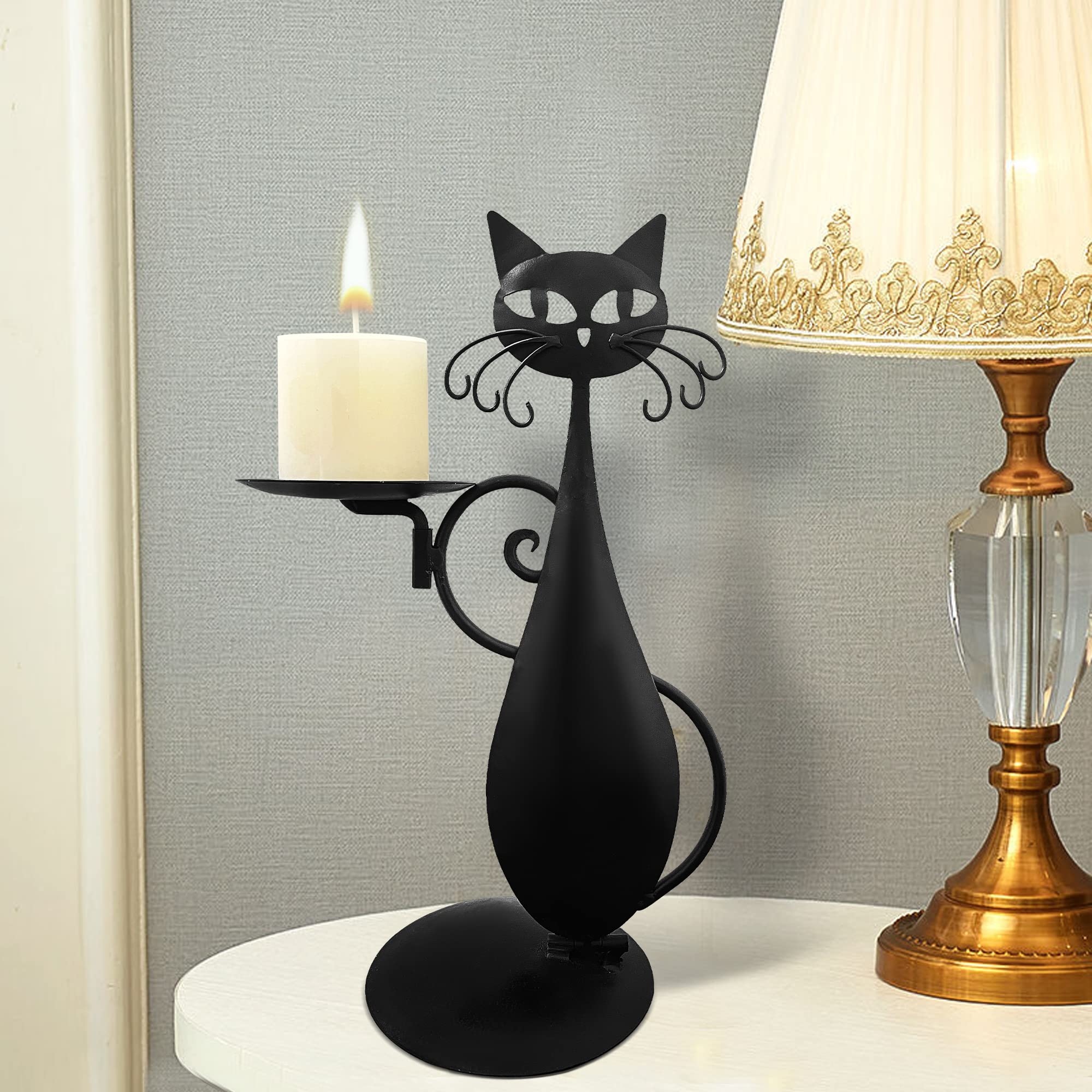 Black Cat Candle Holder for Pillar & LED Candles - Farmhouse Decor for Dining Table & Gifts